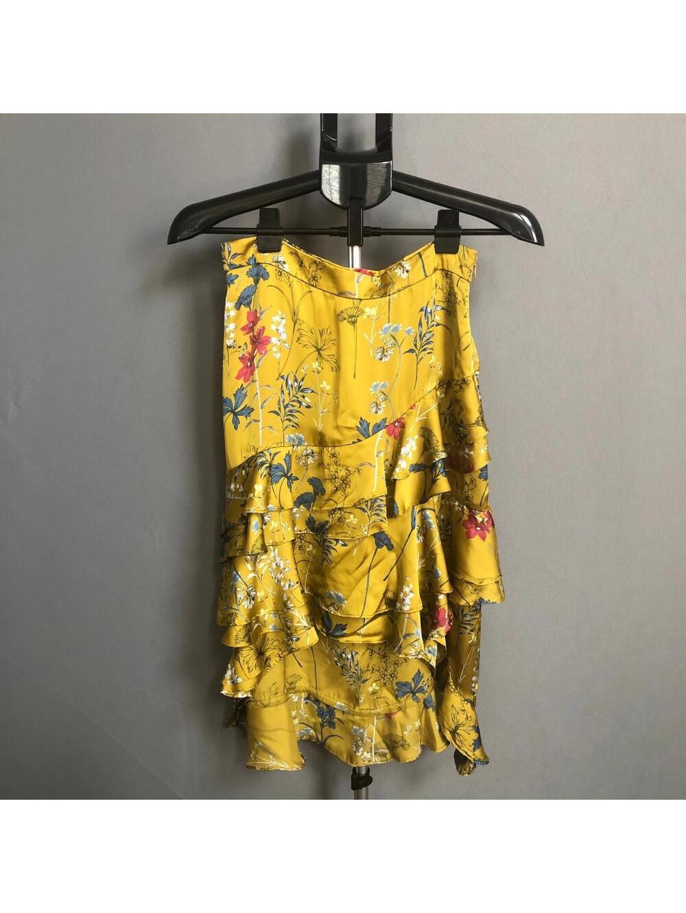 Willow & Clay Mustard Floral Ruffle Mini Skirt Size S Asymmetric Satin - Picture 3 of 8